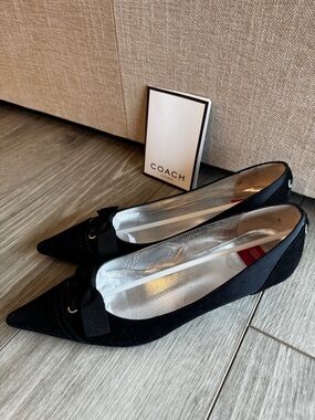 Vintage Coach Tulla Black Satin/suede Pointed Bow Kitten Heel